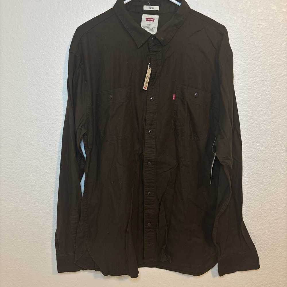 New‎ Levis Mens Shirt Long Sleeve Button Up Size XL stretch Fit  brown